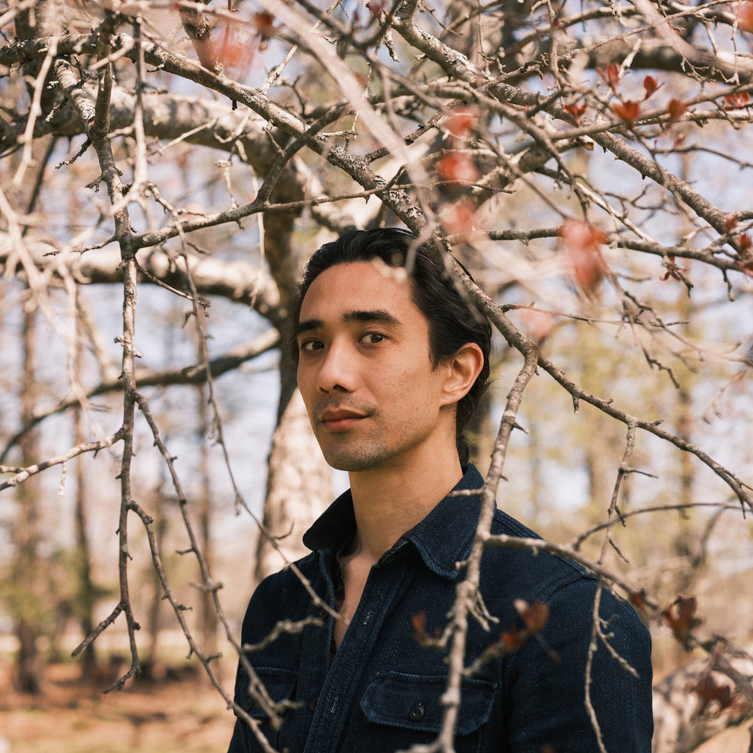 crinoid fossil stud earring worn with indigo blue shirt, flowering tree in background and foreground