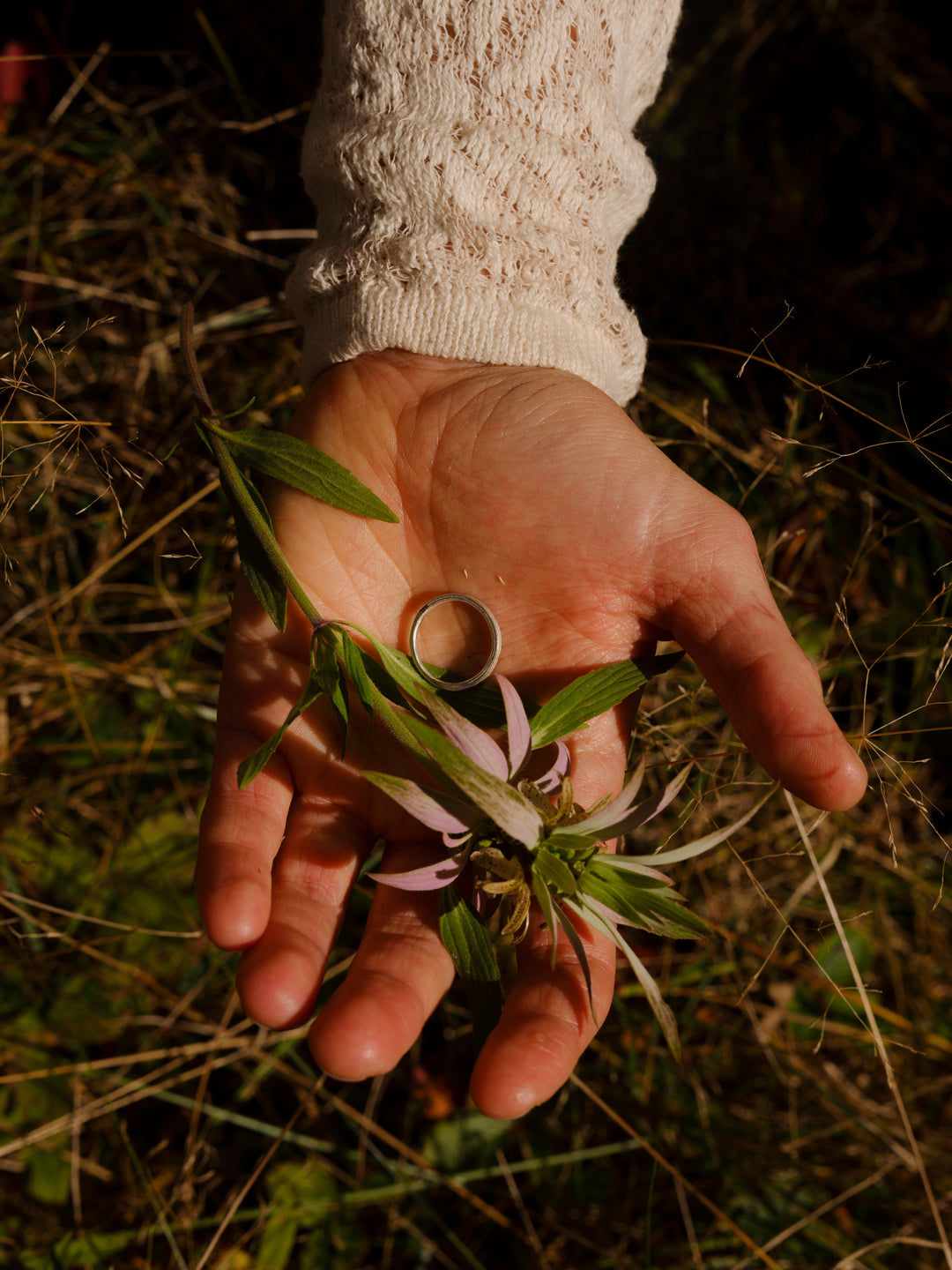 Hand holding a sprig of bee balm and a ring cast from bee balm on a natural background